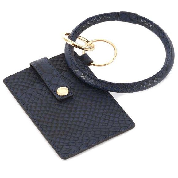 [12pcs set] Snake textured ID card holder with key ring - navy