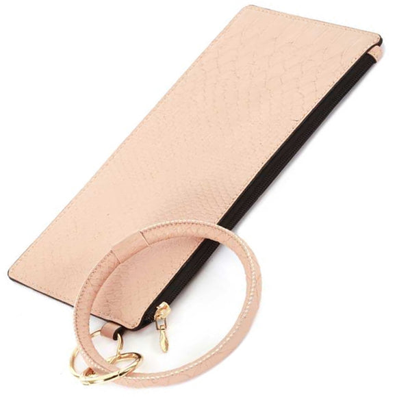 [12pcs set] Snake pattern pouch with key ring - light pink