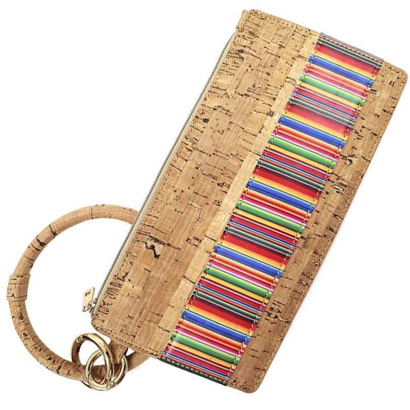 [12pcs set] Cork pouch with stripe and key ring - multi