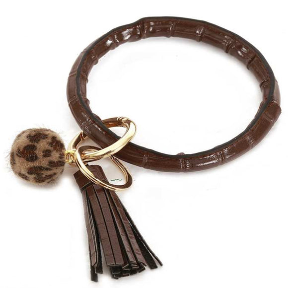 [12pcs set] Leopard pompom & tassel bangle with key ring - brown