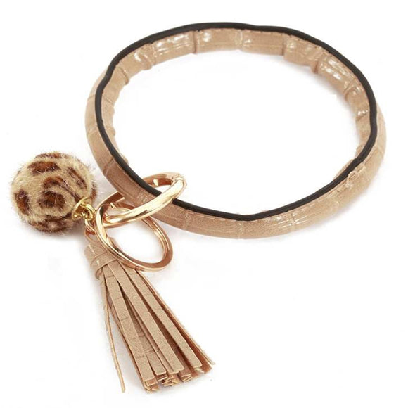 [12pcs set] Leopard pompom & tassel bangle with key ring - beige