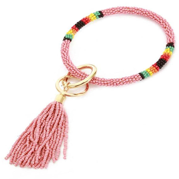[12pcs set] Bead bangle with tassel key ring - light pink
