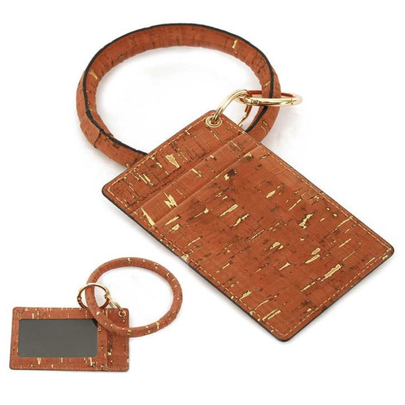 [12pcs set] Cork pattern ID card holder with key ring  - brown