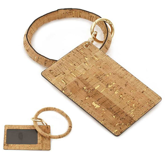[12pcs set] Cork pattern ID card holder with key ring - beige
