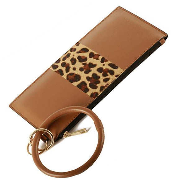 [12pcs set] Leopard detail pouch with key ring - brown