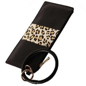 [12pcs set] Leopard detail pouch with key ring - black