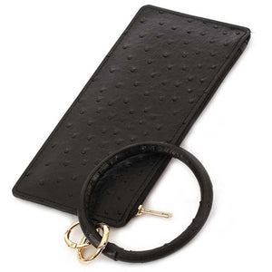 [12pcs set] Ostrich pouch with key ring - black