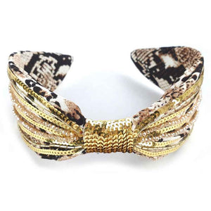 [12pcs set] Sequin & ribbon hair band - gold leopard
