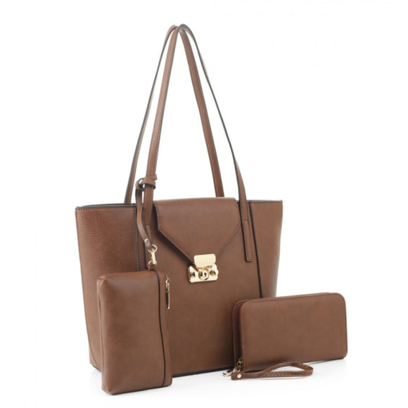 3 in 1 market tote and wallet set - brown