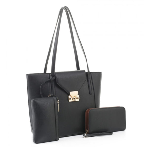 3 in 1 market tote and wallet set - black