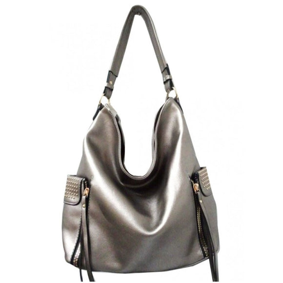 Studded side zipper hobo bag - I grey