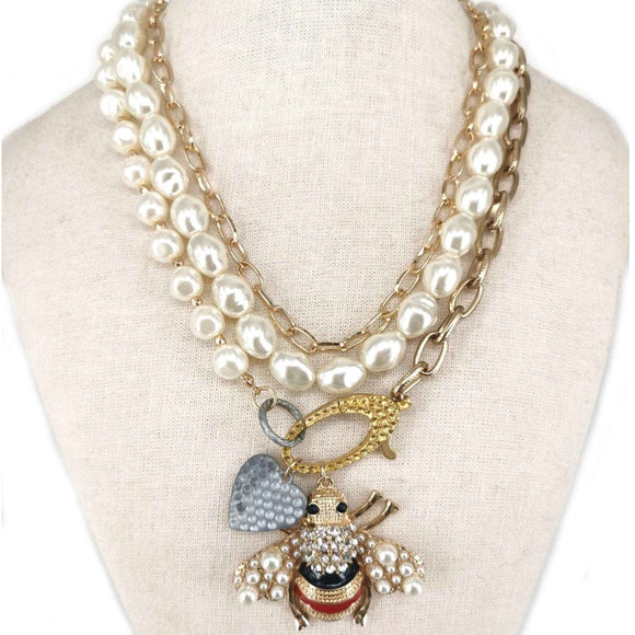 [2pcs] Queen Bee Pearl & Chain necklace set - gold