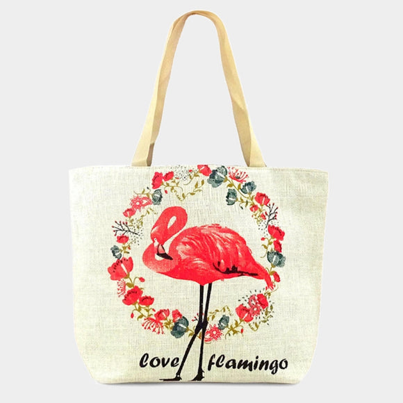 Floral Flamingo beach tote - ivory