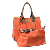 3 in 1 Studded turn lock tote - stone/brown