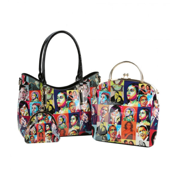 3 in 1 Obama collage handbag & kisslock satchel - multi 1