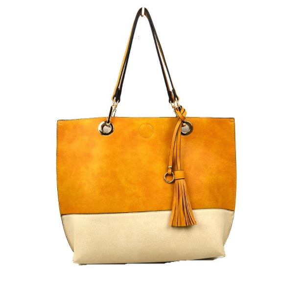 Colorblock tassel tote with pouch - yellow offwhite