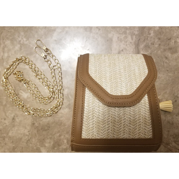 Raffia & leather chain crossbody bag - natural