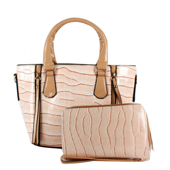 Crocodile pattern satchel with wallet - apricot