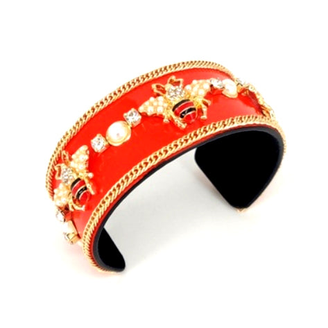 [6pcs] Queen bee enamel coated chain cuff - red