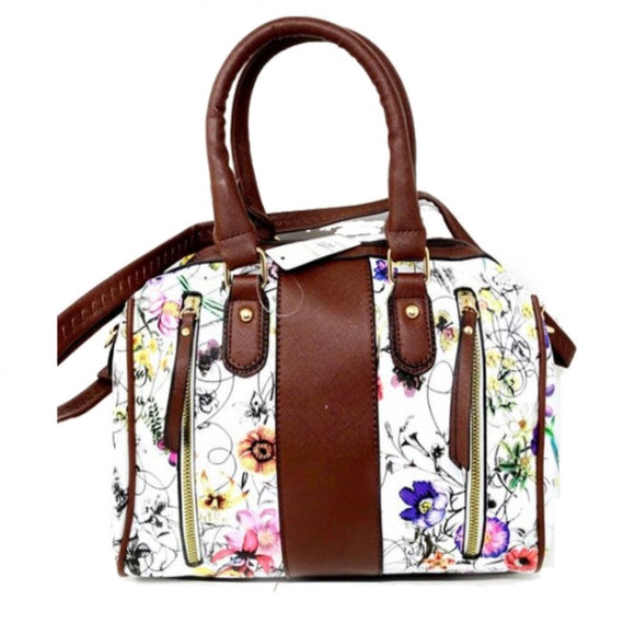 Floral print & zipper boston bag - coffee