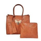 Embossed animal pattern queen bee tote with pouch - cognac