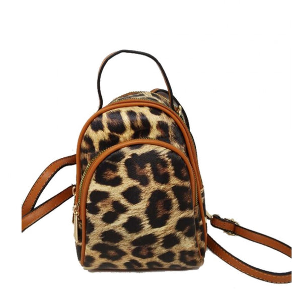 Leopard double zipper mini backpack - camel