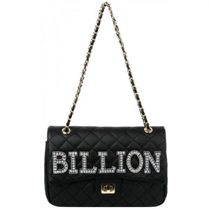 Rhinestone quilted bllion chain shoulder bag - black