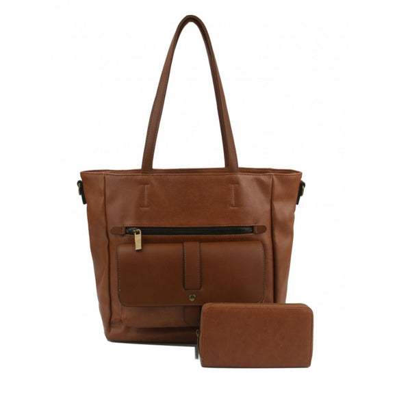 3D front pocket tote with wallet - brown