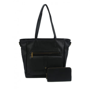 3D front pocket tote with wallet - black