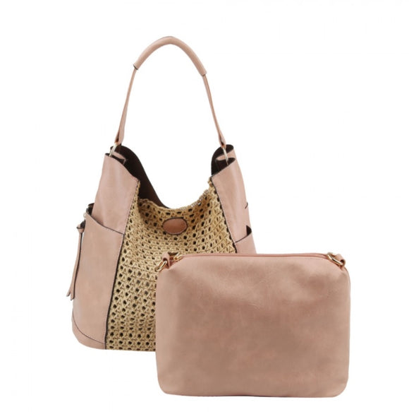 Raffia detail hobo bag with pouch - blush