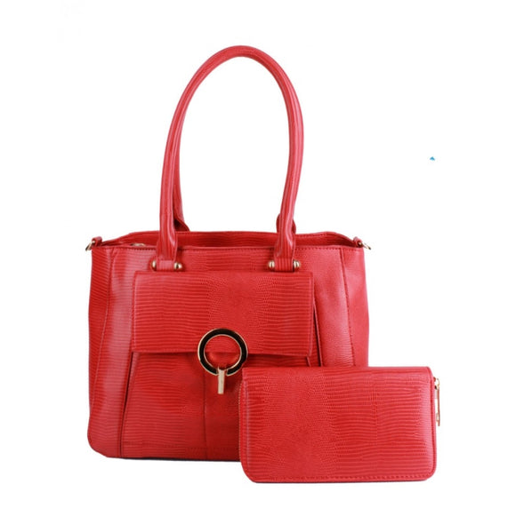 Snake skin textured tote with wallet - watermelon