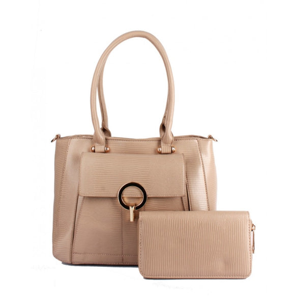 Snake skin textured tote with wallet - taupe