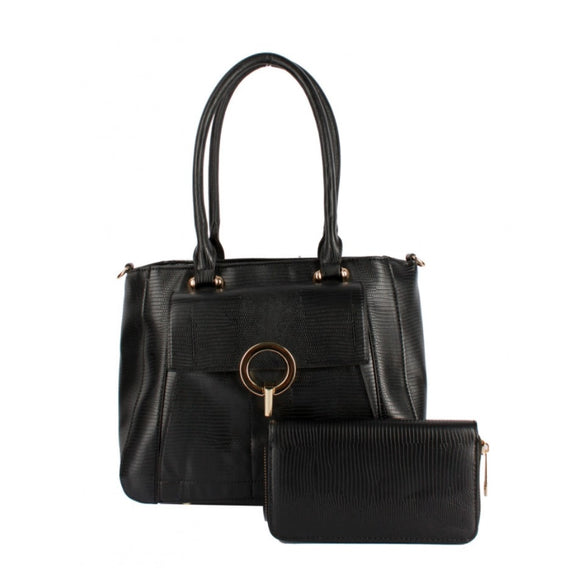 Snake skin textured tote with wallet - black