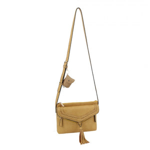 Braided & tassel crossbody bag with sanitizer holder keychain - tan