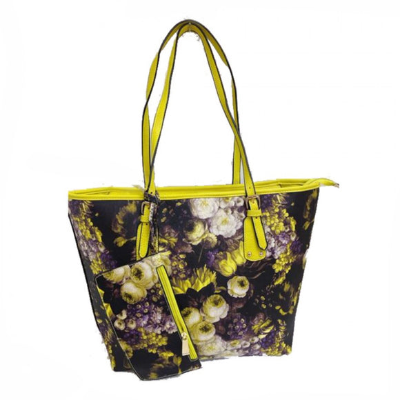 Floral print tote with pouch - light yellow