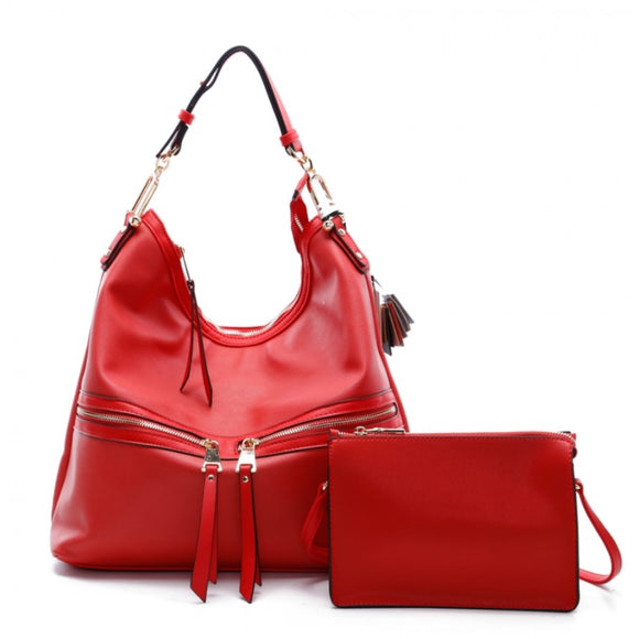 Double zipper detail & single handle shoulder bag with crossbody bag - red