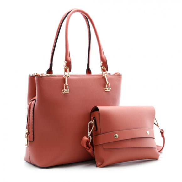 Linked chain handle tote with folder over crossbody bag - baby pink