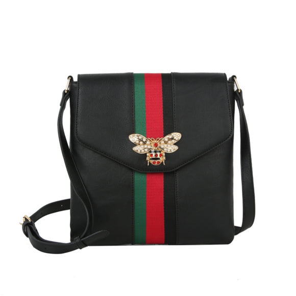 Queen bee & stripe flapover crossbody bag - black