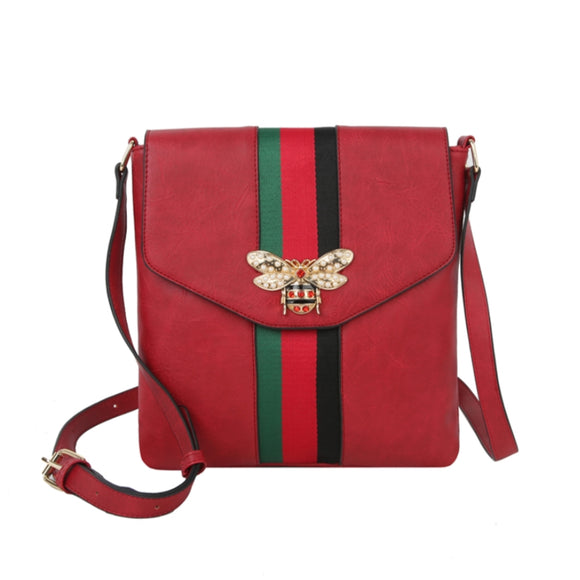 Queen bee & stripe flapover crossbody bag - red