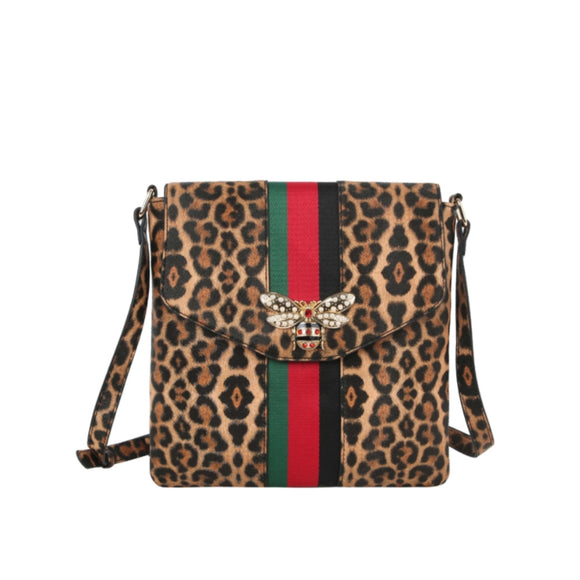 Queen bee & stripe flapover crossbody bag - leopard