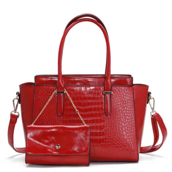 2-in-1 crocodile pattern tote set - red