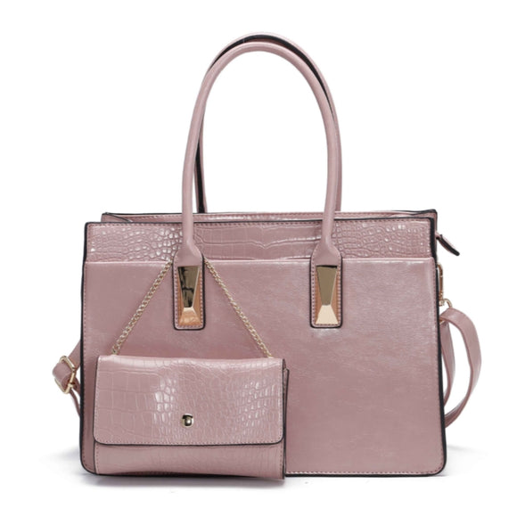 Crocodile pattern & pyramid stud tote with chain clutch - pink
