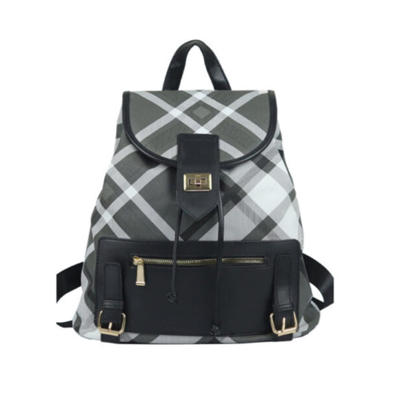 Plaid pattern backpack with wristlet - black