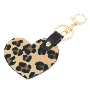 [12pcs] Leopard pattern fur heart key chain - natural ($2.75/pc)