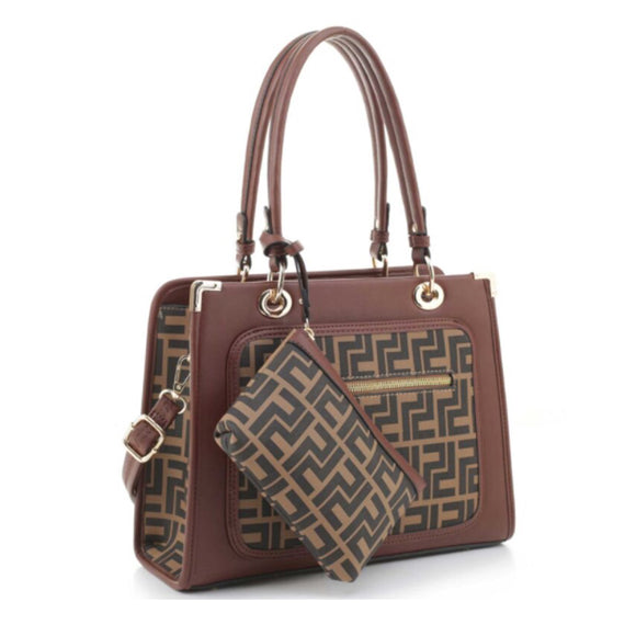 Monogram pattern tote with pouch - coffee