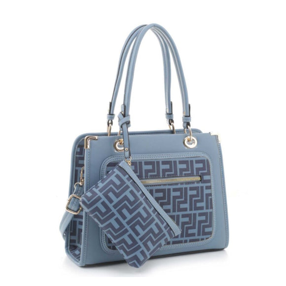 Monogram pattern tote with pouch - blue