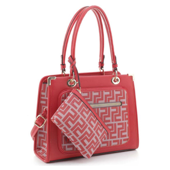 Mnogram pattern tote with pouch - burgundy