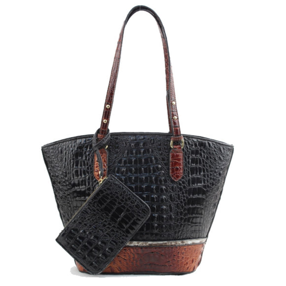 Crocodile embossed tote with pouch - black
