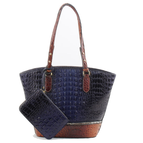 Crocodile embossed tote with pouch - blue