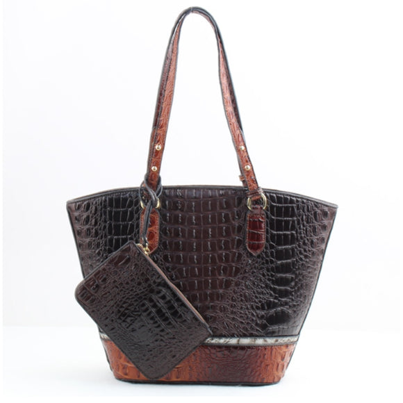 Crocodile embossed tote with pouch - coffee